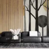 Stylized representation of an abstract forest scene with black tree trunks and warm circular shapes.||