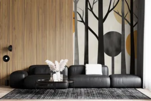 Stylized representation of an abstract forest scene with black tree trunks and warm circular shapes.||