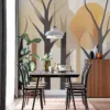 Stylized abstract forest scene with orange leaves and black trees||
