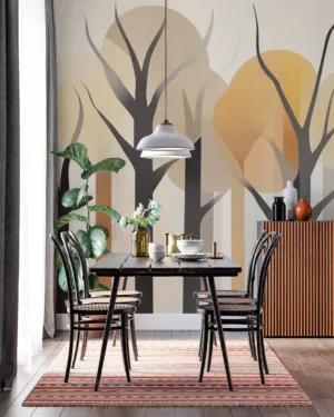 Stylized abstract forest scene with orange leaves and black trees||