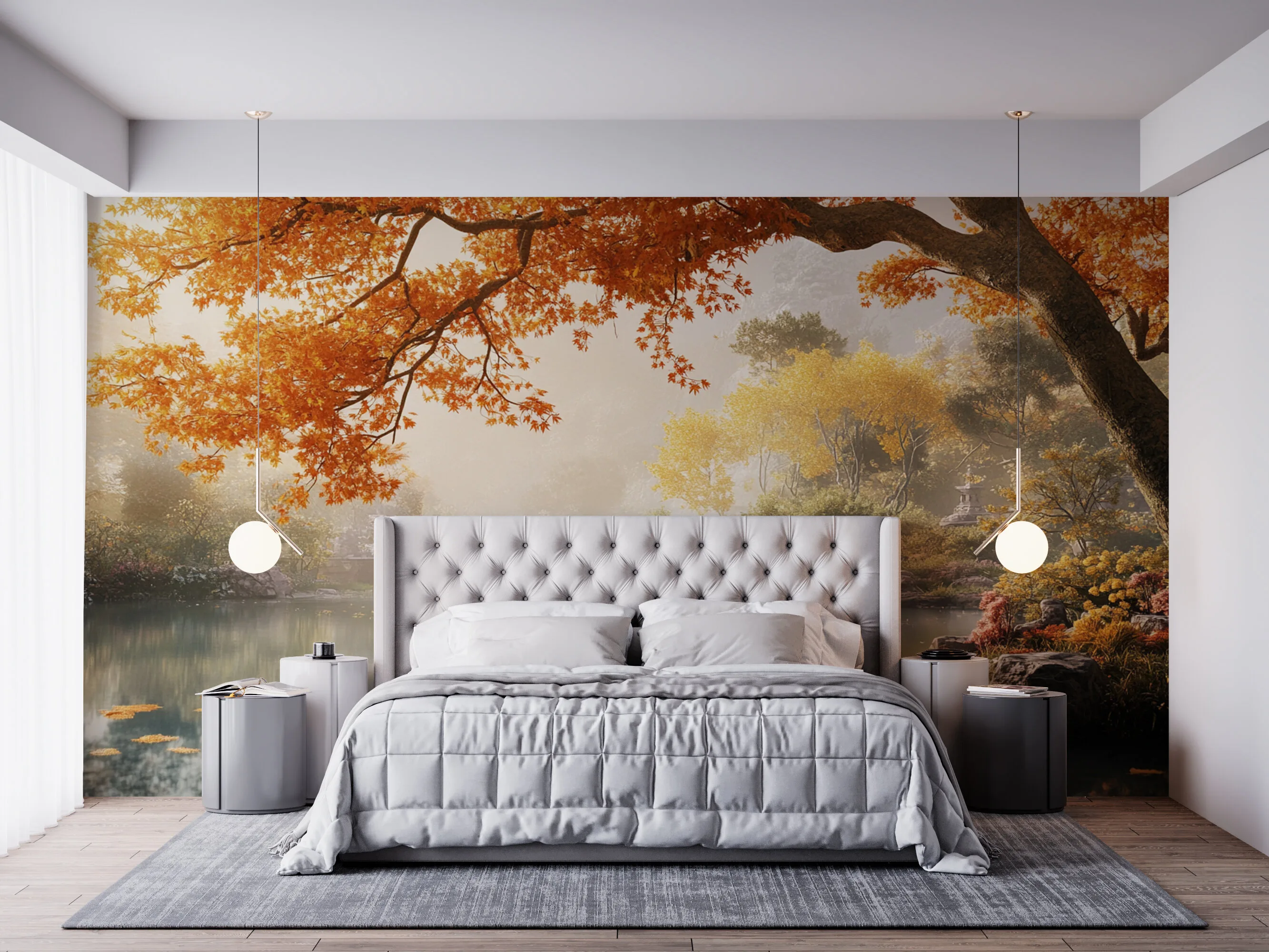 Rendered wallpaper image for Autumn Reflections in a Tranquil Oasis Wall Mural
