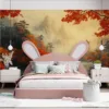 Serene autumn landscape with a tranquil river|mountains|and a pagoda in a misty atmosphere.