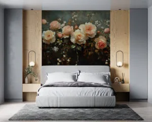 Elegant floral arrangement with soft pink and cream roses on a dark textured background