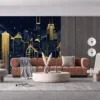 Art Deco city skyline illustration at night with geometric shapes and luminous colors.||