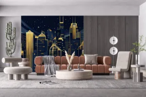 Art Deco city skyline illustration at night with geometric shapes and luminous colors.||