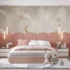 Celestial dreamscape with fluffy clouds and a golden crescent moon||