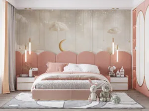 Celestial dreamscape with fluffy clouds and a golden crescent moon