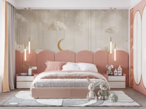 Celestial dreamscape with fluffy clouds and a golden crescent moon||