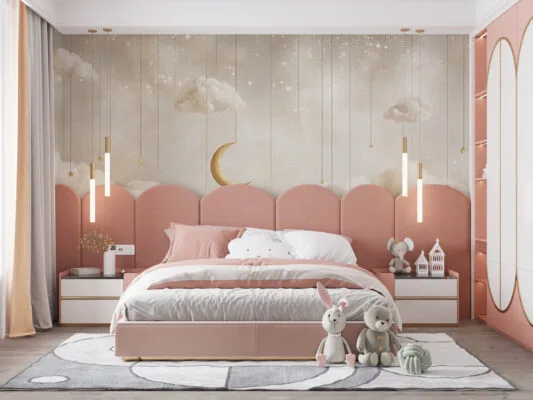 Celestial dreamscape with fluffy clouds and a golden crescent moon