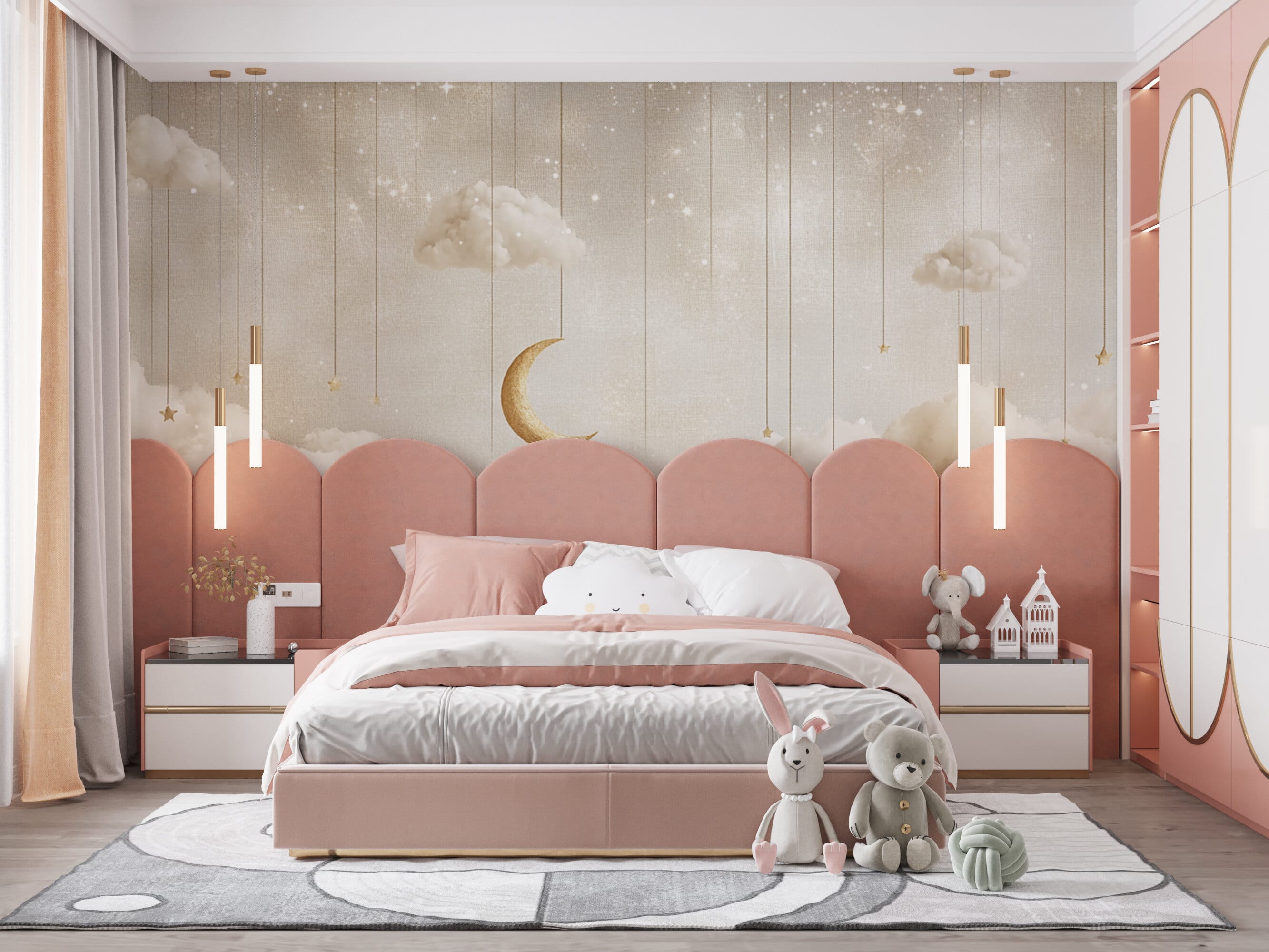 Rendered wallpaper image for Celestial Dreamscape of Soft Clouds and Stars Wall Mural