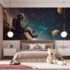 Astronaut fishing in outer space with colorful planets and stars
