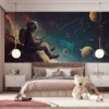 Astronaut fishing in outer space with colorful planets and stars||