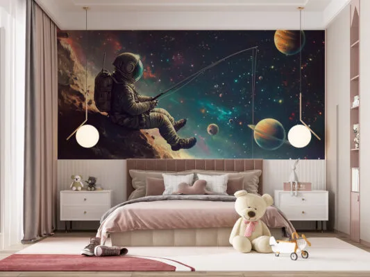 Astronaut fishing in outer space with colorful planets and stars