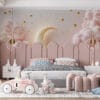 Dreamy celestial scene with pink clouds and a glittery crescent moon surrounded by stars.