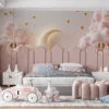 Dreamy celestial scene with pink clouds and a glittery crescent moon surrounded by stars.||