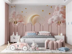 Dreamy celestial scene with pink clouds and a glittery crescent moon surrounded by stars.
