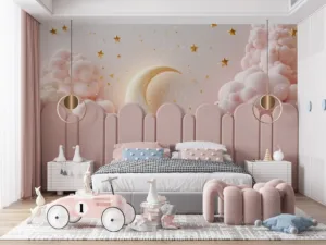 Dreamy celestial scene with pink clouds and a glittery crescent moon surrounded by stars.||