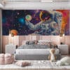 An astronaut holding a colorful reflective object in a vibrant cosmic setting filled with galaxies and stars.