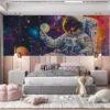 An astronaut holding a colorful reflective object in a vibrant cosmic setting filled with galaxies and stars.||