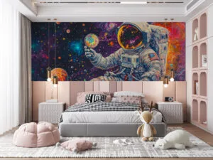 An astronaut holding a colorful reflective object in a vibrant cosmic setting filled with galaxies and stars.