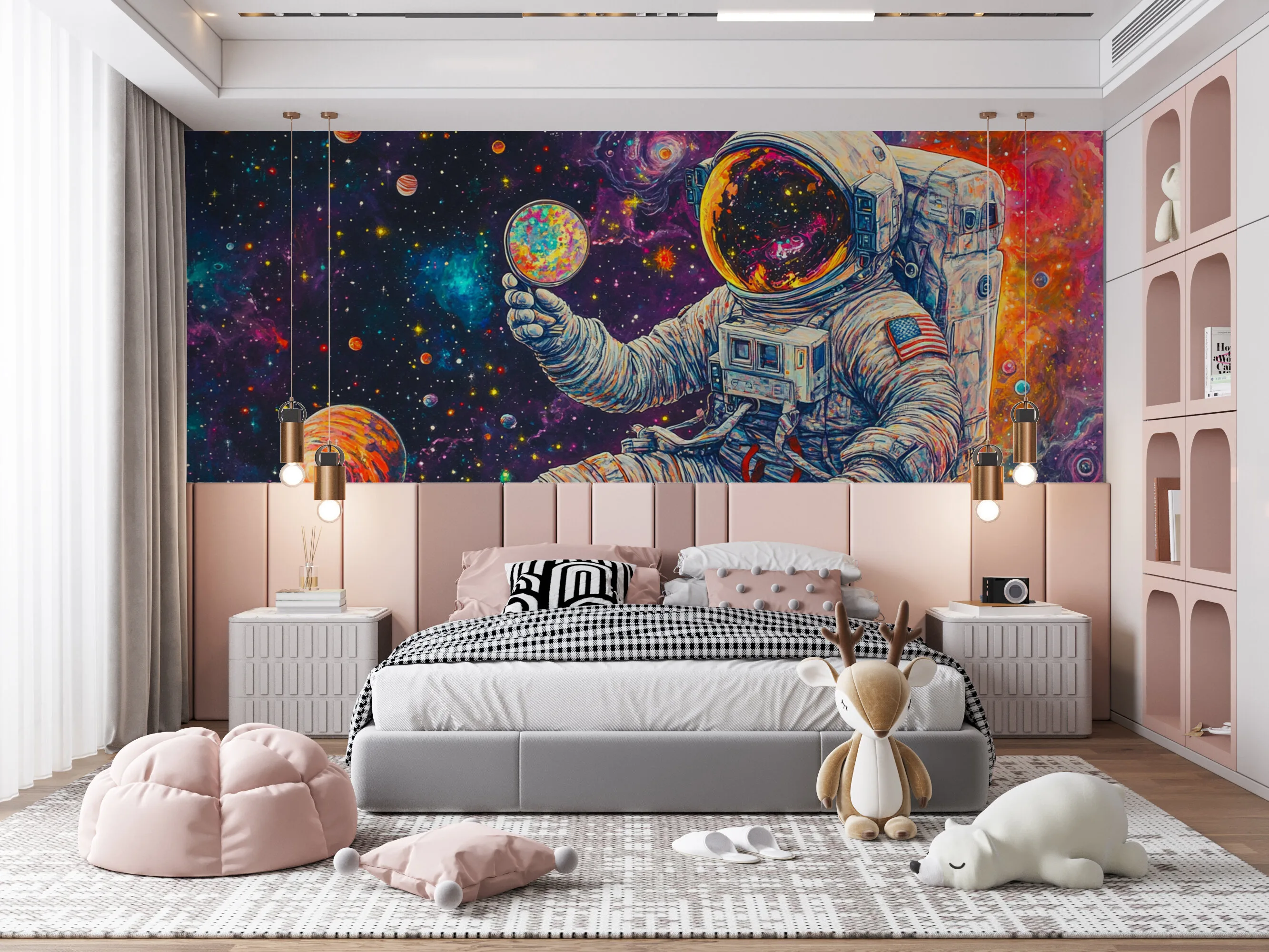 Rendered wallpaper image for Celestial Wanderer in a Kaleidoscopic Universe Wall Mural