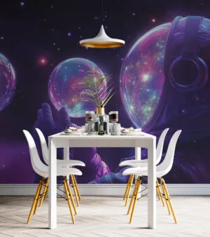 Astronaut in space surrounded by colorful cosmic bubbles