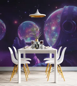 Astronaut in space surrounded by colorful cosmic bubbles||