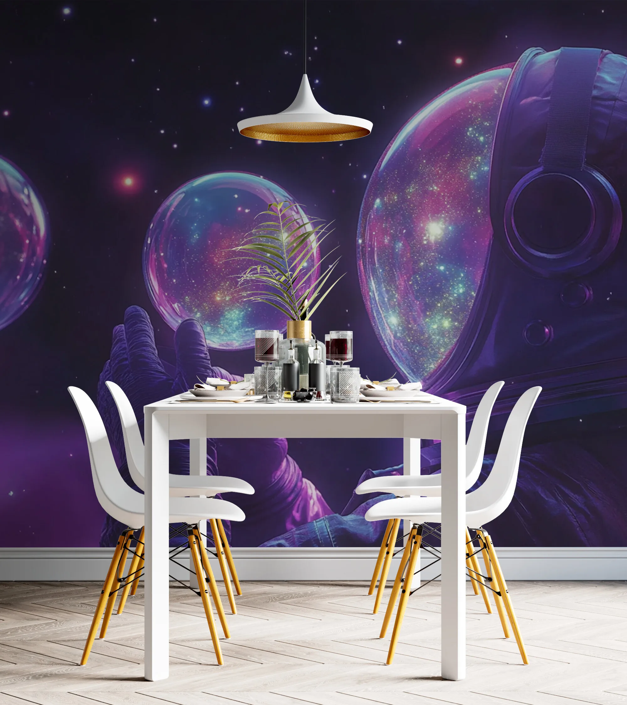Rendered wallpaper image for Cosmic Reflections of an Ethereal Explorer Wall Mural