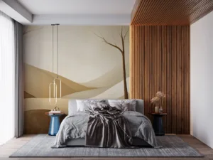 Abstract landscape featuring rolling hills and bare trees in soft beige and brown tones.||