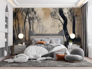 Stylized serene forest landscape with soft edges in muted colors||