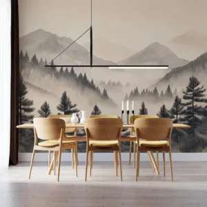 Serene mountainous landscape with rolling mountains and dense forest.||