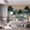 Tranquil forest landscape with tall trees and mist||