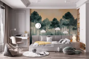 Tranquil forest landscape with tall trees and mist||