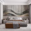 Serene abstract landscape with wavy lines and tree silhouettes.