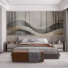 Serene abstract landscape with wavy lines and tree silhouettes.||
