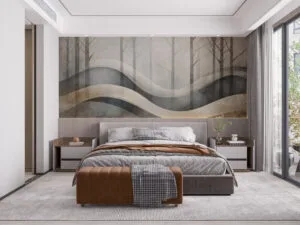 Serene abstract landscape with wavy lines and tree silhouettes.