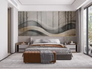 Serene abstract landscape with wavy lines and tree silhouettes.||