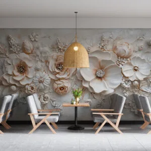 Three-dimensional floral arrangement in soft neutral colors