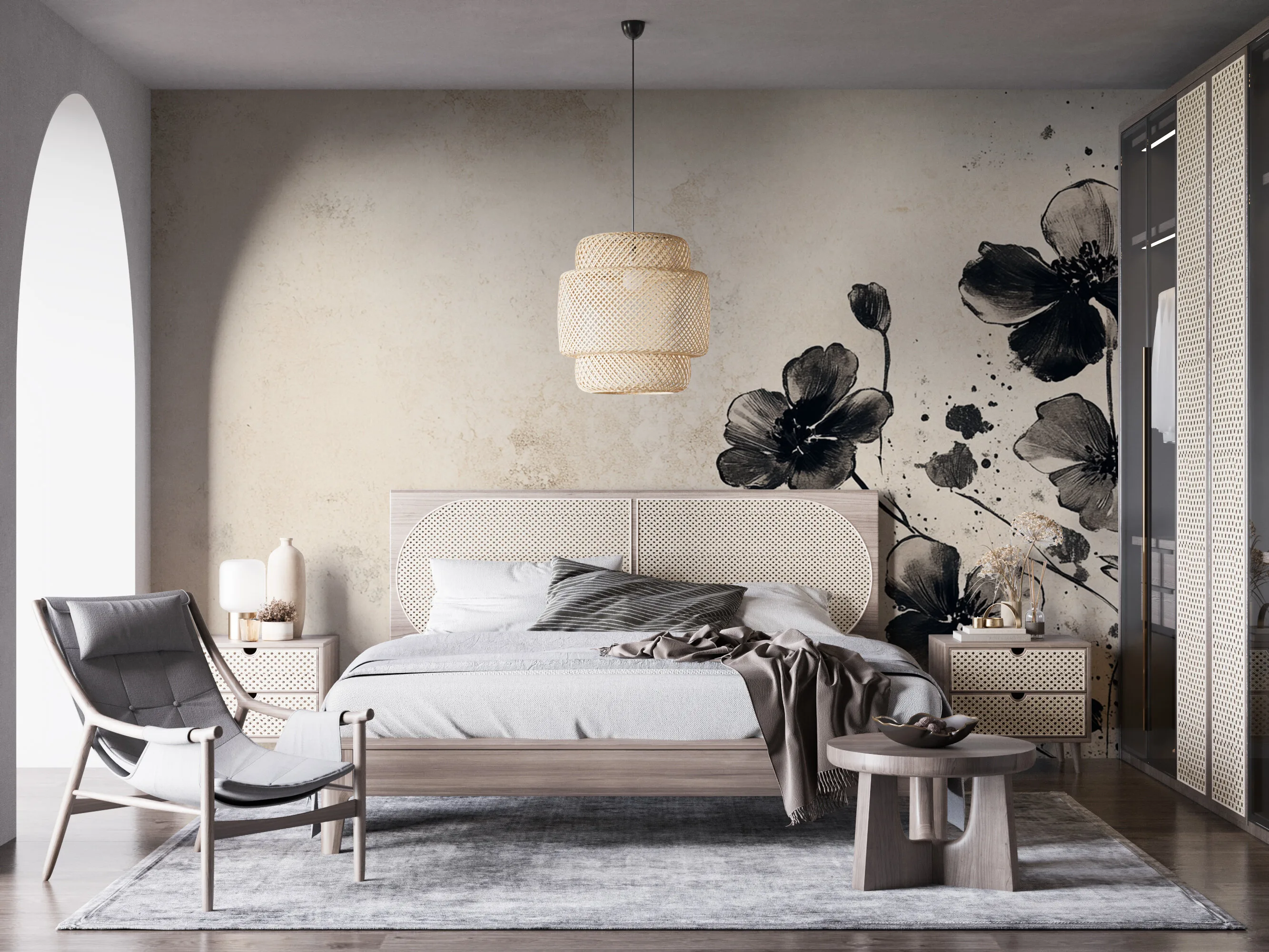 Rendered wallpaper image for Elegant Ink Bloom Wall Mural