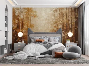 A peaceful forest scene showcasing warm shades of brown|gold|and cream.