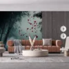 Misty forest scene with bamboo and red maple leaves||