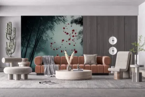 Misty forest scene with bamboo and red maple leaves||