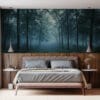 Tranquil forest with tall trees and misty atmosphere.
