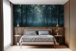 Tranquil forest with tall trees and misty atmosphere.||