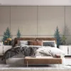 Misty forest landscape with tall evergreen trees||
