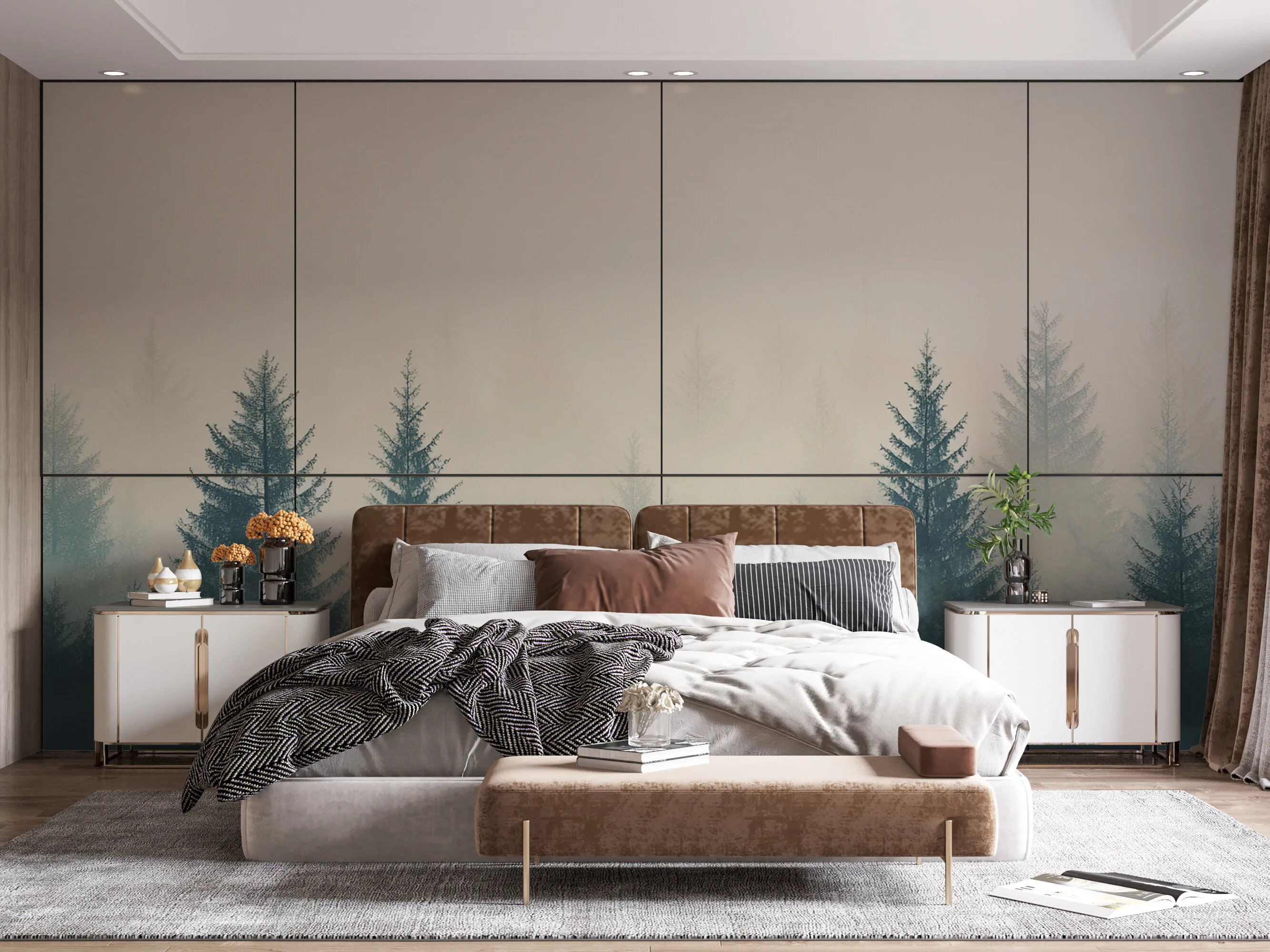 Rendered wallpaper image for Enchanted Stillness in a Foggy Forest Wall Mural