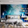 A serene bamboo forest with tall stalks and misty blue light