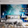 A serene bamboo forest with tall stalks and misty blue light|creating a tranquil atmosphere.|