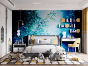 A serene bamboo forest with tall stalks and misty blue light|creating a tranquil atmosphere.|