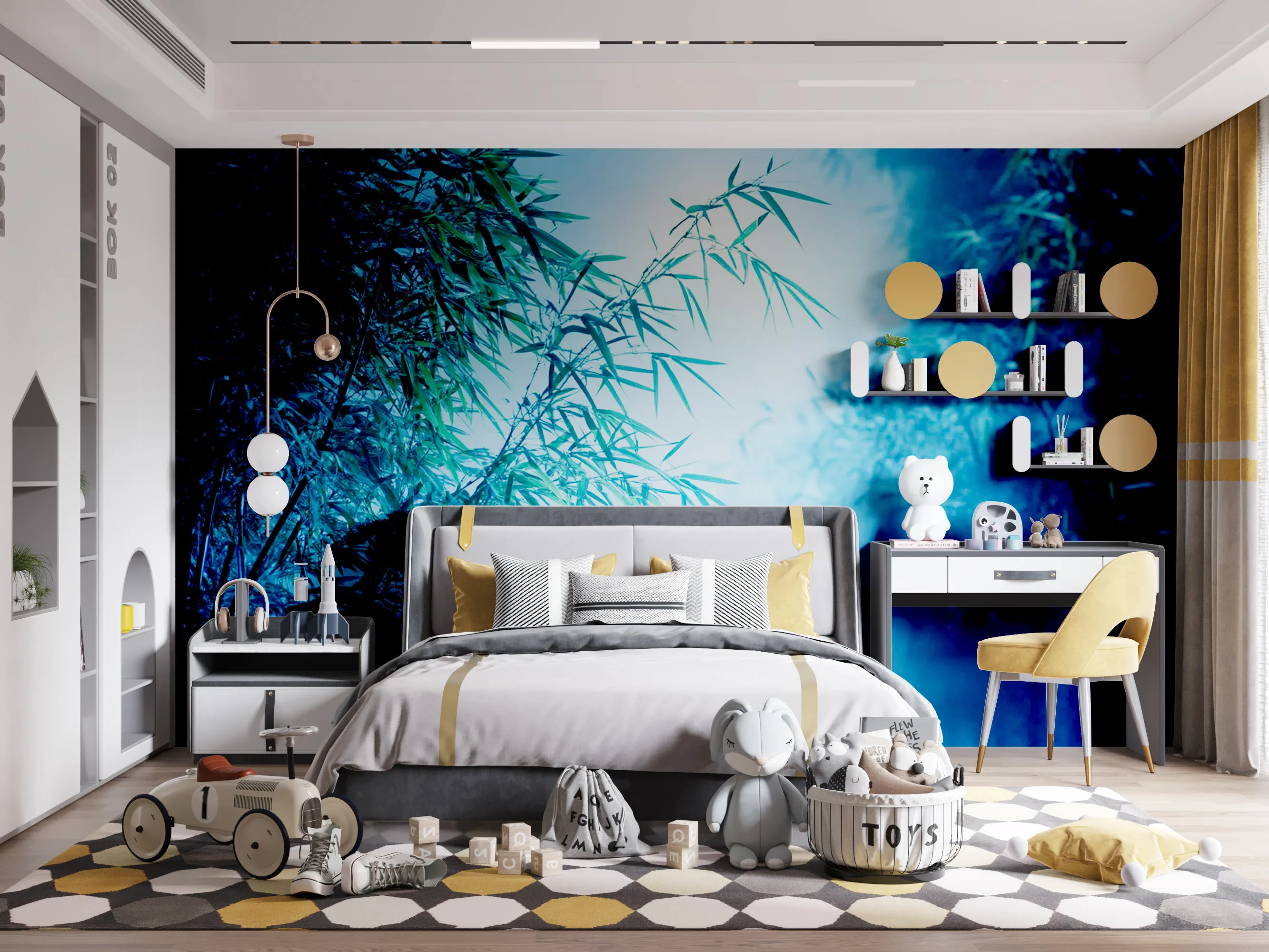 Rendered wallpaper image for Ethereal Bamboo Serenity in a Misty Oasis Wall Mural